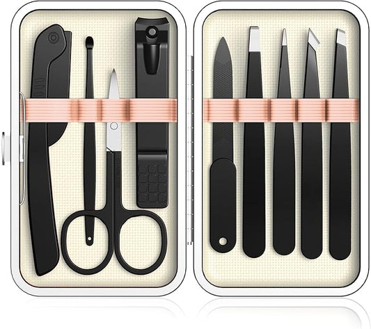 Yougai Tweezers Set,9 Pcs Professional Stainless Steel Nail Clippers and Tweezer Kit for Women and Men, Great Precision Tweezers No Gaps with Leather Travel Case-Velvo Beauty