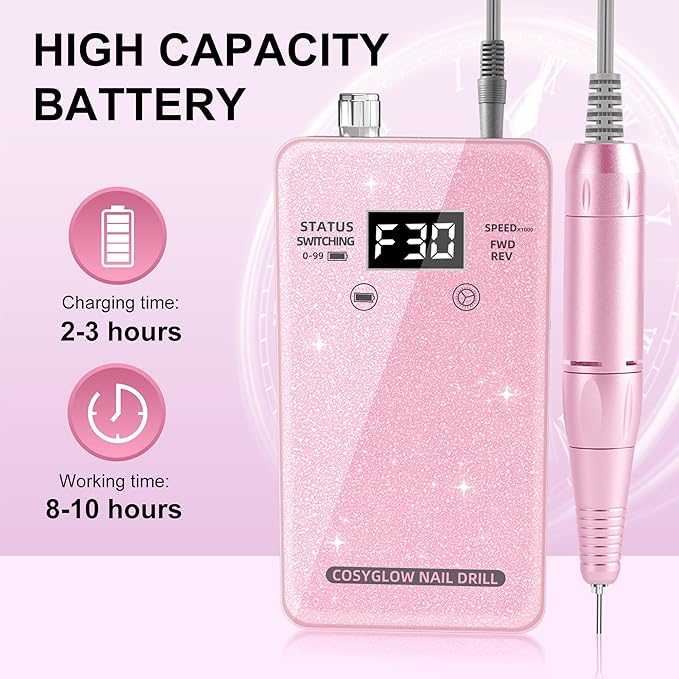 Professional Electric Nail Drill File:COSYGLOW Glitter Portable Cordless E-File Nail Drill Kit with 11 Drill Bits,30000 RPM Rechargeable Nail Drills Machine for Acrylic Nails Gel Polishing (Pink)-Velvo Beauty