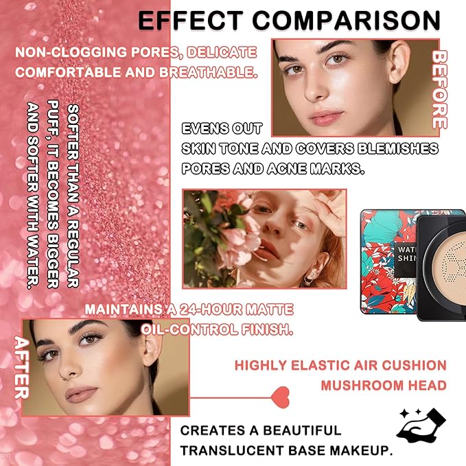 Mushroom Head Air Cushion CC Cream Full Coverage Liquid Foundation Set,Oil Control Concealer Lasting Moisturizing BB Cream,Loose Setting Face Powder Moisturizer Base Primer Makeup with Makeup Sponge-Velvo Beauty