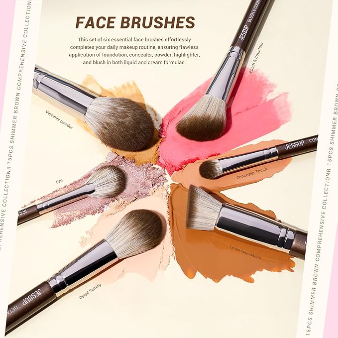 Jessup Makeup Brushes Set 15pcs Brown Make up Brushes Set Professional Premium Synthetic Foundation Eyebrow Concealer Blush Eyeshadow Contour Eyeliner Powder Blending Highlighter Brush, T498-Velvo Beauty