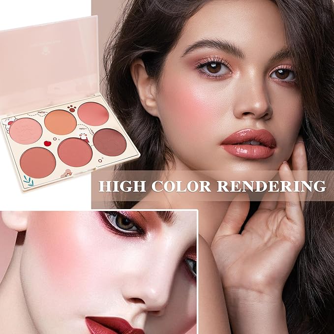 6 Colors Blush Palette,Matte Contour Makeup Blush for Cheeks,Waterproofing Highly Pigmented Face Cheek Blusher with Make Up Brush A3-Velvo Beauty