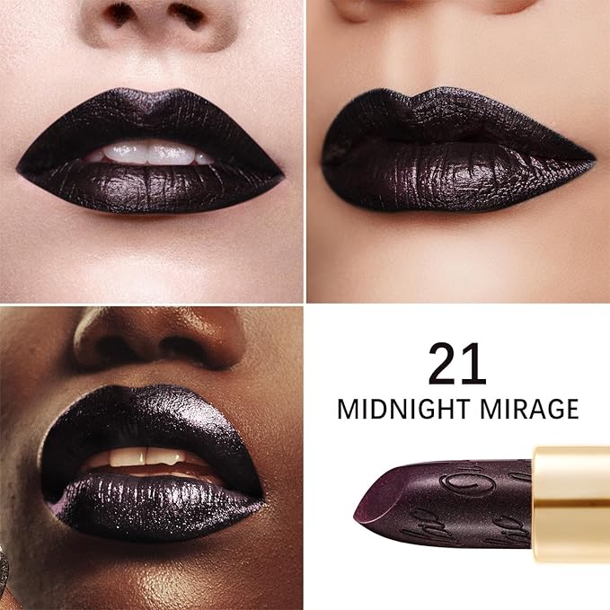 Oulac Metallic Black Lipstick for Women, High-Impact Lipcolor with Moisturizing Creamy Formula, Vegan & Cruelty-Free, Full-Coverage Matte Lipstick, Midnight Mirage (21)-Velvo Beauty