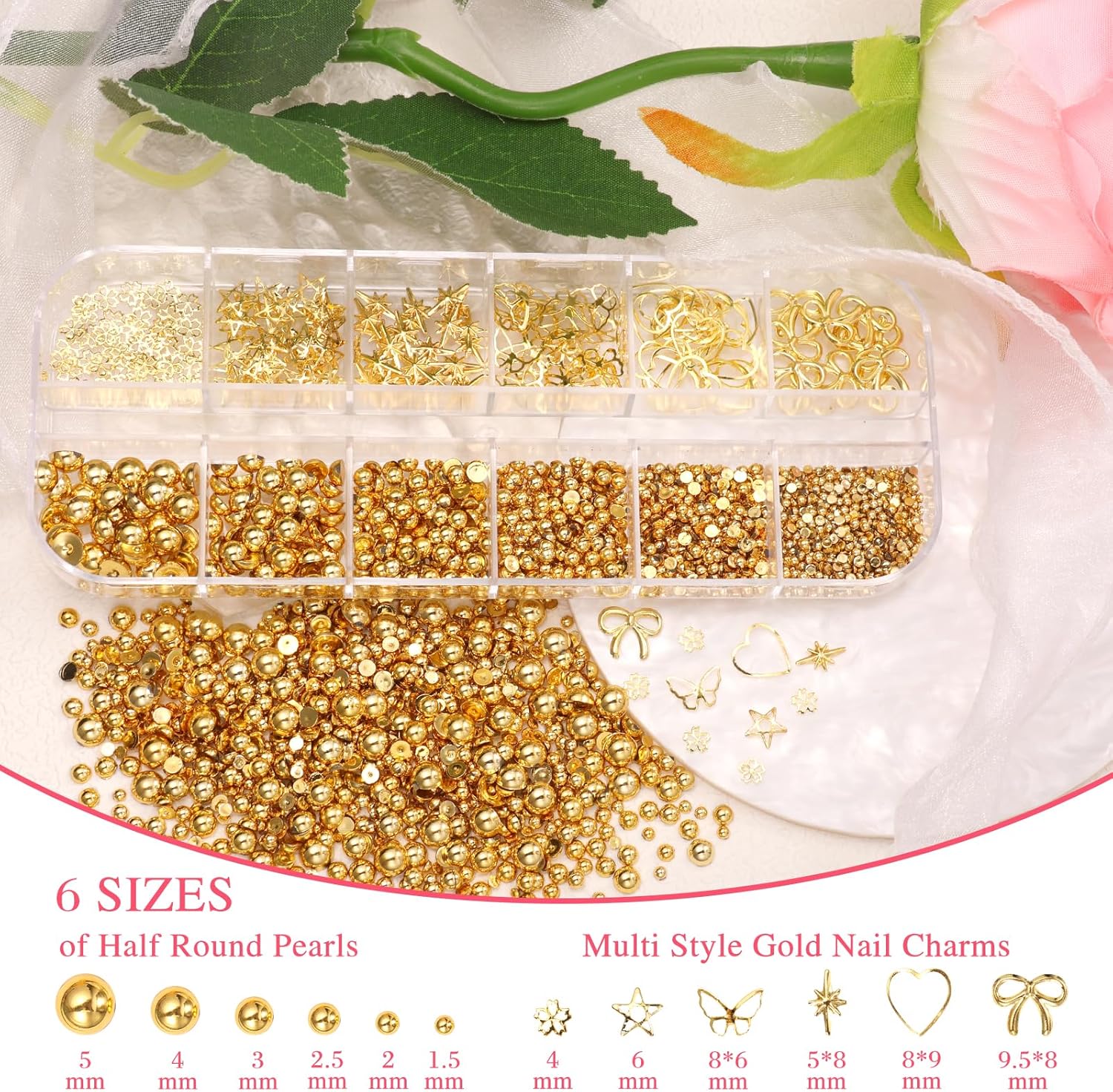 2 Boxes Metal Gold Nail Charms and Gems, 3D Alloy Crown Heart Planet Nail Gems Charms, Golden Bows Star Nail Studs, Gold Pearls Beads for Nails Art Designs DIY Accessories-Velvo Beauty