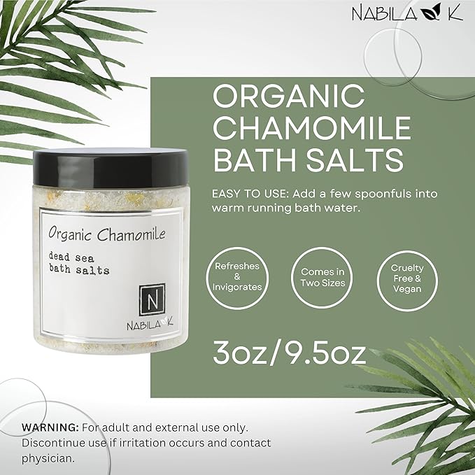 Organic Chamomile Bath Salts by Nabila K - Dead Sea Salt & Epsom Salt Scrub & Soak - Exfoliates & Hydrates Skin, Botanical Essential Oils - Bubble Bath Accessories for All Skins Types, 2 oz-Velvo Beauty