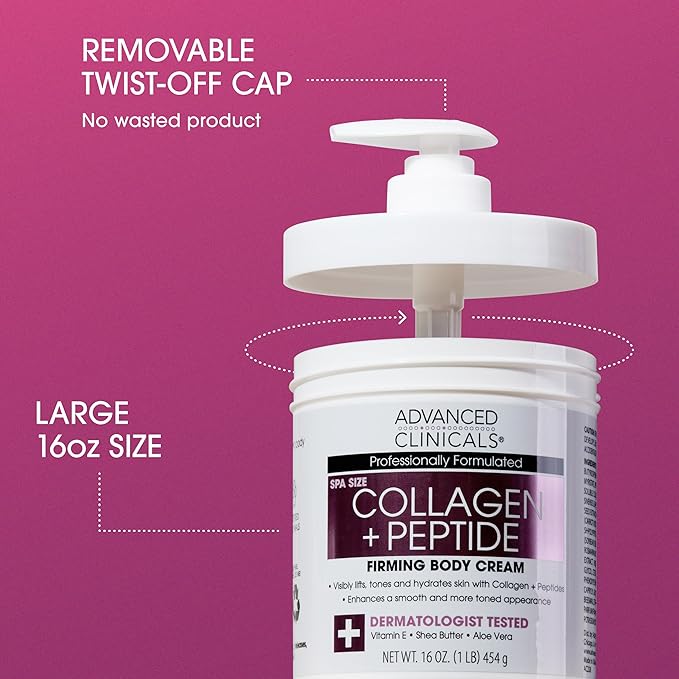 Advanced Clinicals Collagen Peptides Body Lotion & Face Moisturizer | Peptide Infused Collagen Lotion For Women & Men Helps Improve Look Of Crepey Skin, Wrinkles, & Uneven Dry Skin Texture, 16 Ounce-Velvo Beauty