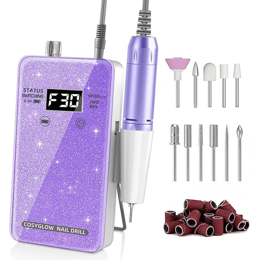 Professional Electric Nail Drill File:COSYGLOW Glitter Portable Cordless E-File Nail Drill Kit with 11 Drill Bits,30000 RPM Rechargeable Nail Drills Machine for Acrylic Nails Gel Polishing(Purple)-Velvo Beauty