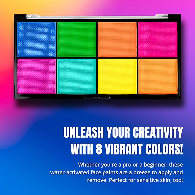 Professional Face Painting Kit - Skin Friendly Face Paint Kit - Cruelty-Free & Vegan Water Based Face Paint Makeup for Theatre, SFX and Halloween- 8 Colors 5g Each - Splashes & Spills (Neon Colors)-Velvo Beauty