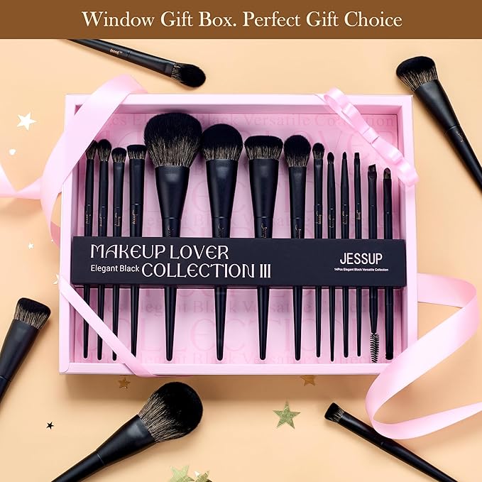 Jessup Makeup Brushes Set Jessup Make up Brushes 14Pcs Black Kabuki Foundation Eyeshadow Contour Concealer Powder Eyeliner Crease Eyebrow Blending Brush with Gift Box, T336-G-Velvo Beauty