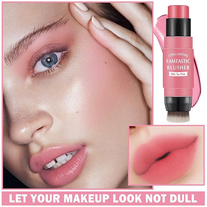 Cream Blush Stick with Brush,Waterproof Blush Makeup,Long Lasting 3 In 1 Cheek Blush & Lip Tint & Eye Shadow Makeup Stick,Easy To Use Blends Effortlessly,Cream Blush Makeup for All Skin Tones - Cherry Pink-Velvo Beauty