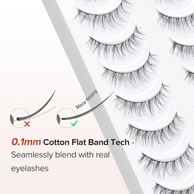Natural Lashes Wispy False Eyelashes 10mm Short Lashes 3D Volume Strip Lashes Fake Eyelashes Siligli Lashes Thin Band Curly Eye Lashes Pack 10 pair-Velvo Beauty