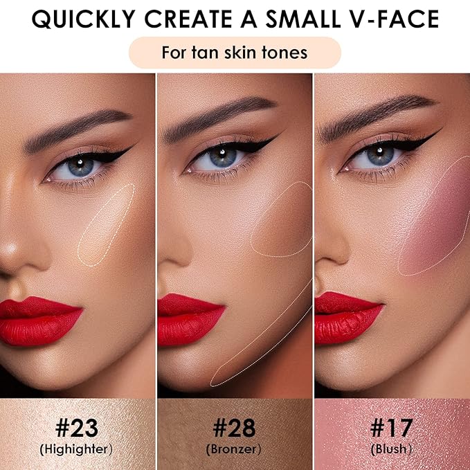 FOCALLURE 3 Pcs Cream Contour Sticks,Shades with Highlighter & Bronzer & Blush,Non-greasy Long-wear Face Contouring Pen,Easy to Sculpt the Face and Create a Lightweight Finishing Makeup,TAN-Velvo Beauty