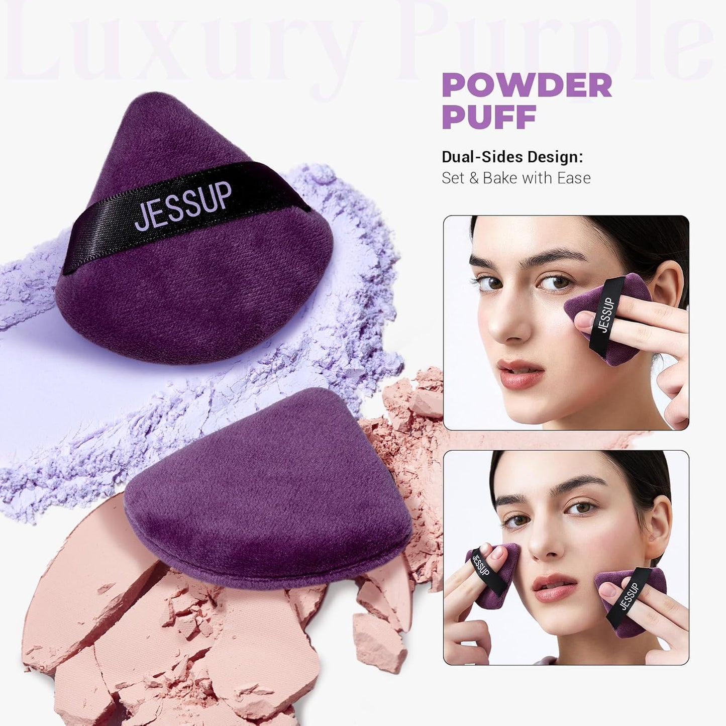 Jessup Powder Puff, 2pcs Triangle Powder Puff Soft for Foundation Setting and Baking, Reusable, Washable, Purple SP018-Velvo Beauty