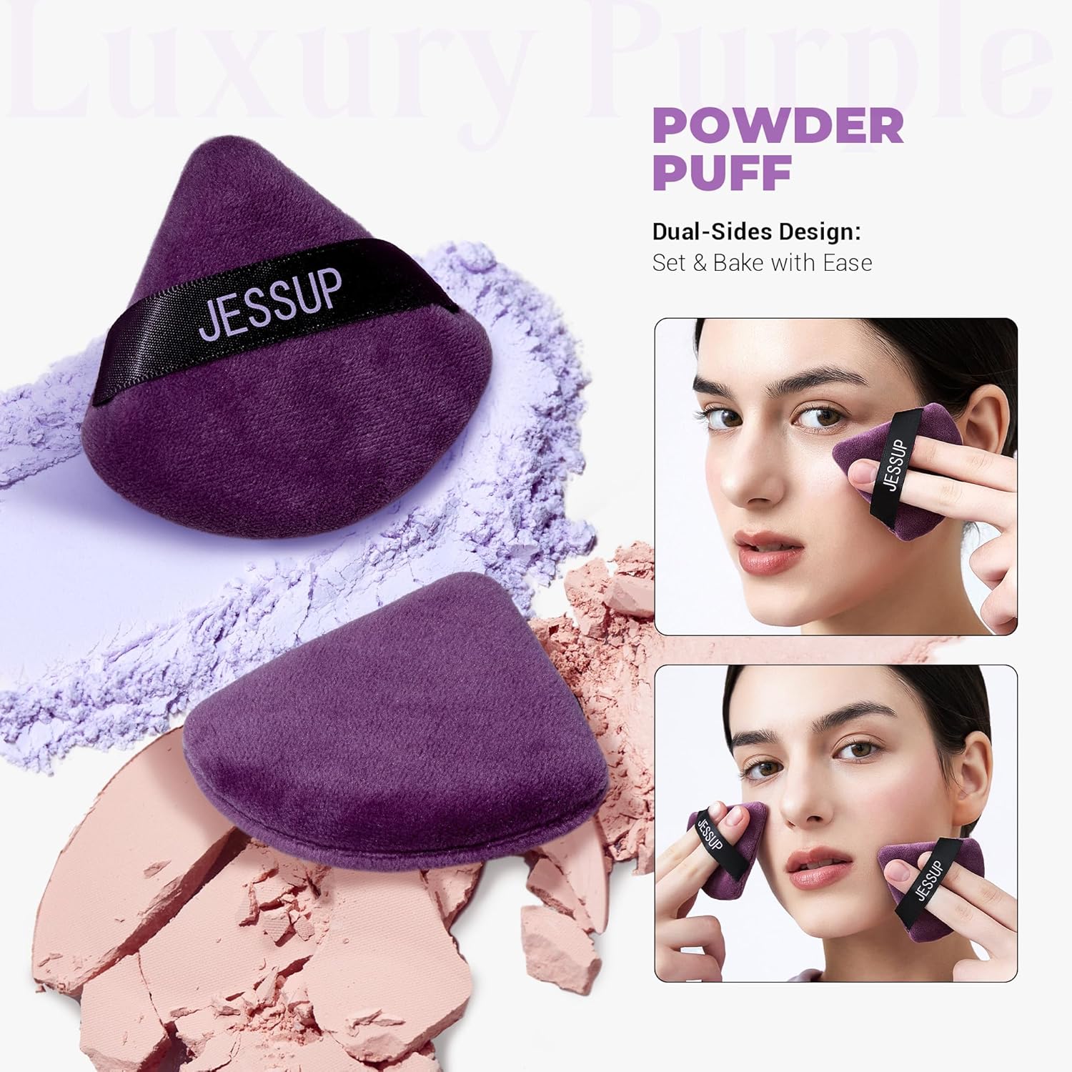 Jessup Powder Puff, 2pcs Triangle Powder Puff Soft for Foundation Setting and Baking, Reusable, Washable, Purple SP018-Velvo Beauty