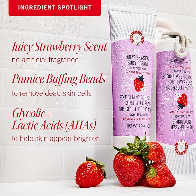 First Aid Beauty - KP Bump Eraser Body Scrub with 10% AHA, Keratosis Pilaris Exfoliator with Glycolic and Lactic acids, Helps Reduce Chicken Skin Bumps, Safe for Sensitive Skin, Strawberry Scent, 2 oz-Velvo Beauty