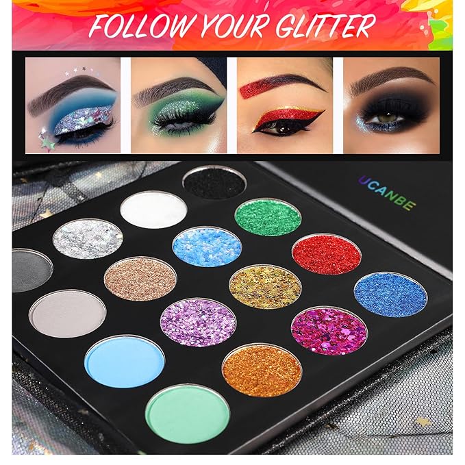 UCANBE Glitter Eyeshadow Makeup Palette - 12 Face Body Chunky & Fine Pressed Glitter + 4 Eye Shadow Powder Make Up Pallet for Theater Party Cosplay Halloween Christmas, Highly Pigmented Ultra Shimmer-Velvo Beauty