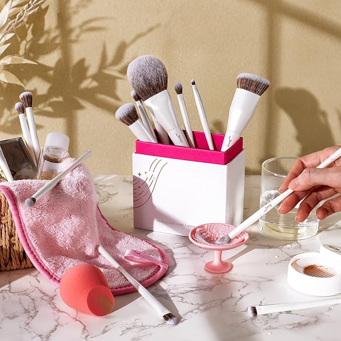 Jessup Makeup Brushes Set 14pcs Highend Makeup Gift Set for Women Include Foundation Concealer Blush Contour Powder Eye Shadow Brush, Makeup Sponge, Makeup Brush Cleaner and Towel, Pearl White T333-Velvo Beauty