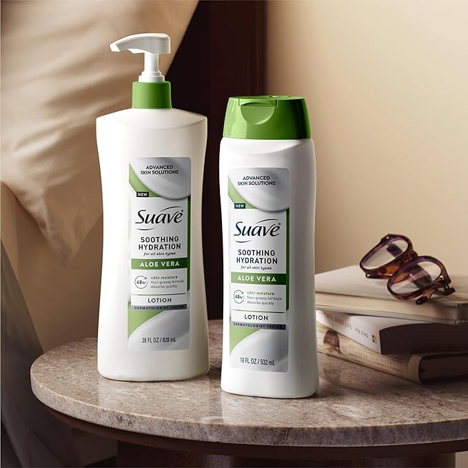 Suave Soothing Hydration Hand & Body Lotion With Aloe Vera Refreshes Dry Skin, Fast Absorbing, Intensive Moisturizing Cream For Women, Non Greasy, Allergen Free, 18 FL OZ, 6 Pack-Velvo Beauty