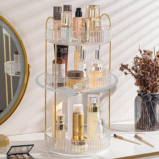 Rotating Makeup Organizer for Vanity, High-Capacity Skincare Clear Make Up Storage Perfume Organizers Cosmetic Dresser Organizer Countertop 360 Spinning (Clear, 3 Tier)-Velvo Beauty