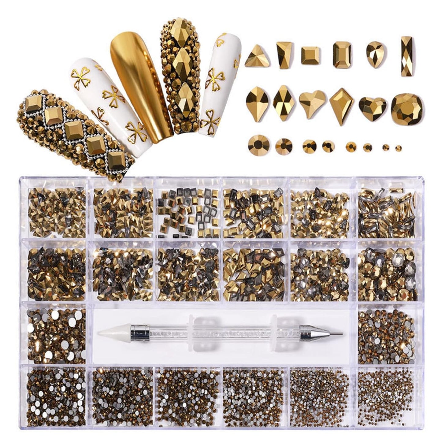 Nail Rhinestones Kit, Nail Art Decorations with Wax Pencil Flat AB Rhinestones Kit DIY Crafts Gemstones for Nail, Shoes, Clothes, Jewels (600 Gold diamonds + 2500 flat rhinestones)-Velvo Beauty