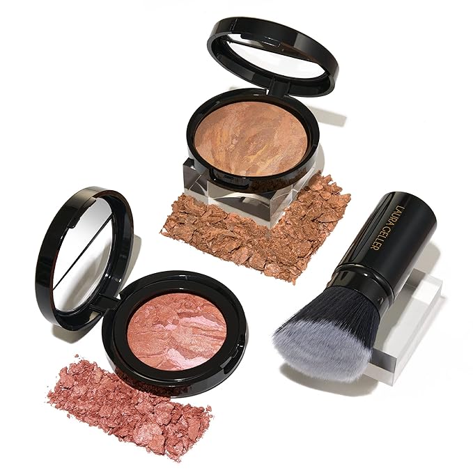 Blush-n-Glow Kit (3 PC): LAURA GELLER NEW YORK Baked Balance-N-Glow Illuminating CC Powder Foundation Sand, Retractable Kabuki Brush, Baked Blush-N-Brighten Pink Grapefruit-Velvo Beauty