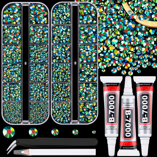 Resin Jelly Rhinestones for Crafting with B7000 Jewelry Glue, 2 Boxes Emerald Black AB Flatback Crystals with 3Pcs 10ml Glue, Bedazzling Non Hotfix Gems for DIY Tumblers Clothing Shoes Manicure-Velvo Beauty