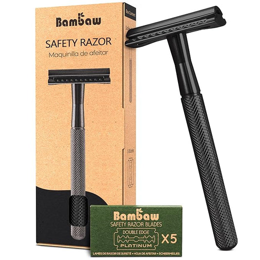 Bambaw Safety Razor for Men with 5 Double Edge Safety Razor Blades, Safety Razors for Men, Sustainable Metal Razor, Zero Waste - Black-Velvo Beauty