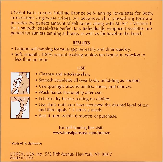 L'Oreal Paris Sublime Bronze Self Tanning Towelettes, Streak-Free, Natural Looking Tan, 6 ct-Velvo Beauty