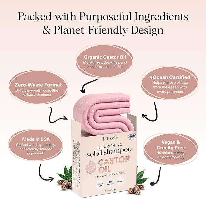 Kitsch Castor Oil Shampoo Bar Soap - Hydrating & Moisturizing Hair Care - Organic Castor Oil Solid Shampoo for Hair Growth & Scalp Nourishment - Silicone & Paraben-Free, Vegan, Made in USA - 3.2oz-Velvo Beauty