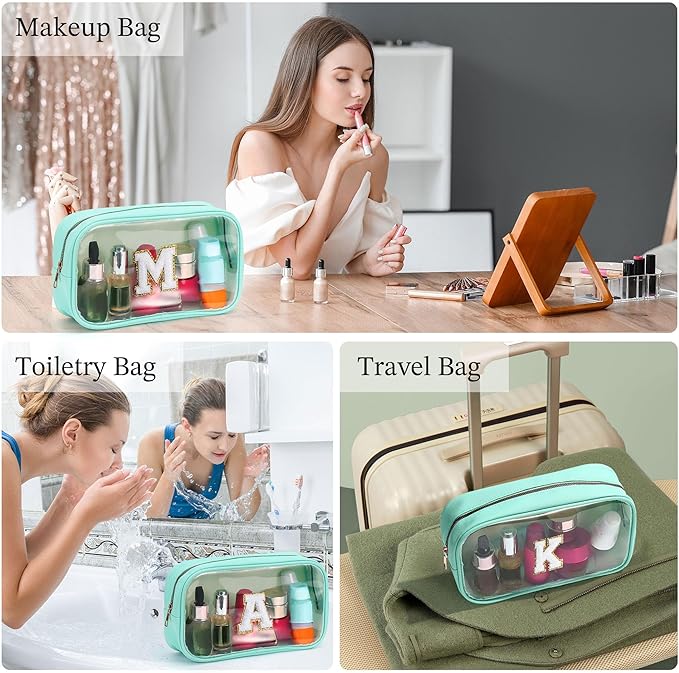 YOOLIFE Initial Travel Toiletry Bag, Clear Makeup Bag Preppy Cosmetic Bags Organizer Travel Essentials Gifts for Women Teen Girlfriend Teacher Mom Birthday Clear Makeup Bags With Zipper Blue I-Velvo Beauty