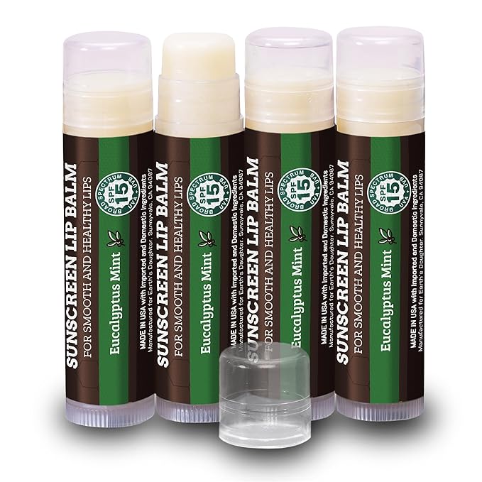 SPF Lip Balm 4-Pack by Earth's Daughter - Lip Sunscreen, SPF 15, Organic Ingredients, Eucalyptus Mint Flavor, Beeswax, Coconut Oil, Vitamin E - Hypoallergenic, Paraben Free, Gluten Free-Velvo Beauty