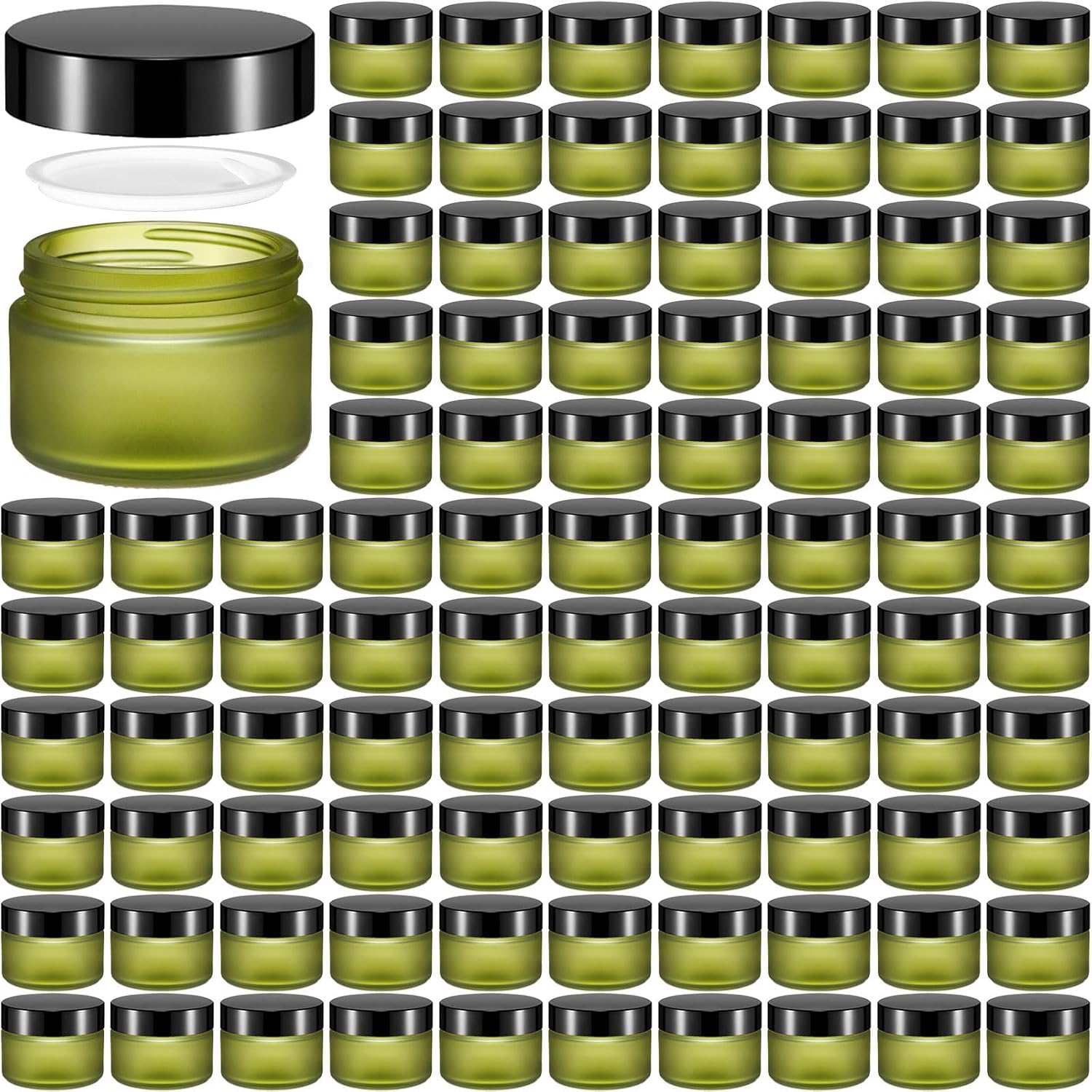 Domensi 100 Pcs 1 oz Glass Jars with Lids Bulk Round Glass Cosmetic Jars Lids 1 oz Small Travel Containers with Inner Liner for Lotions Powders Ointments Sample Cream(Bean Green,Black)-Velvo Beauty
