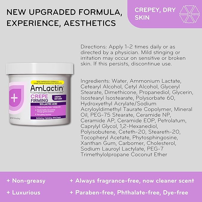 AmLactin Crepe Firming Cream - 12 oz Body Cream with 15% Lactic Acid - Exfoliator and Moisturizer for Crepey, Dry Skin (Packaging May Vary)-Velvo Beauty