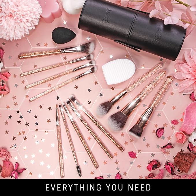 Niré Beauty 15piece Award Winning Glitter Makeup Brushes: Cute Makeup Brushes Set with Case, Beauty Blender, Cleaner, Guide, Gift Box-Velvo Beauty