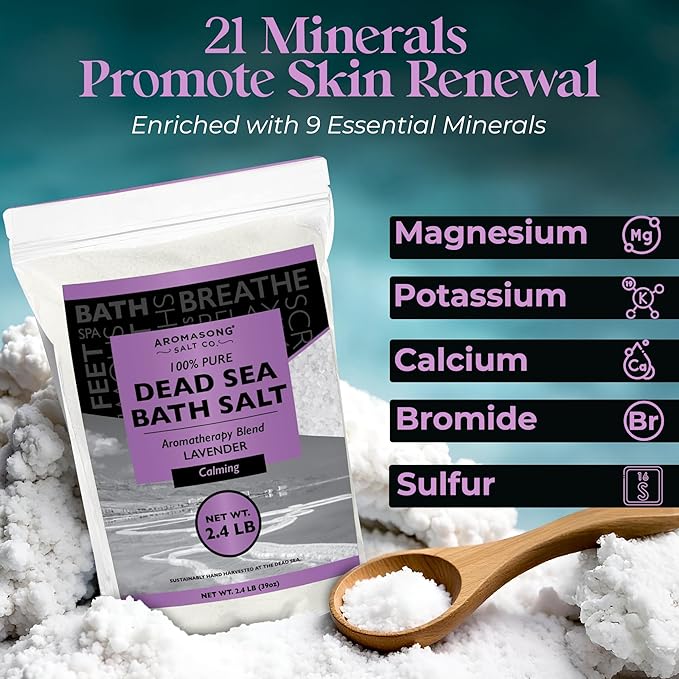 Aromasong Pure Dead Sea Salt for Soaking with 100% Natural Lavender, 2.43 LB - Spa Bath Salt Fine Grain - Body Wash Scrub - Soak for Women & Men- Bulk Resealable Pack-Velvo Beauty