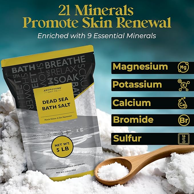 Aromasong Dead Sea Bath Salt - 100% Pure & Natural Dead Sea Salts for Soaking Fine Grain 5 LB - Bulk Resealable Pack (Packaging May Vary) Used for Body wash Scrub - Soak for Women & Men.-Velvo Beauty