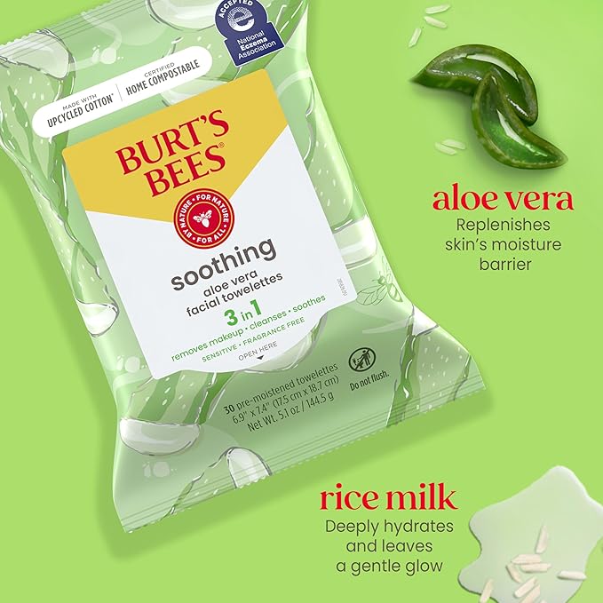 Burt's Bees Back To School Dorm Essentials, Aloe Vera Face Wipes, for Sensitive Skin, Soothing Makeup Remover & Facial Cleansing Towelettes, 30 Ct. (3-Pack)-Velvo Beauty