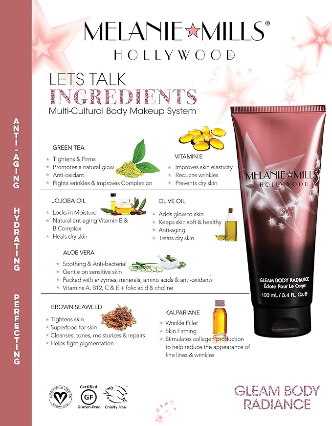 Melanie Mills Hollywood Gleam Body Radiance All In One Makeup, Moisturizer & Glow For Face & Body - Opalescence, Mini 1 fl.oz.-Velvo Beauty