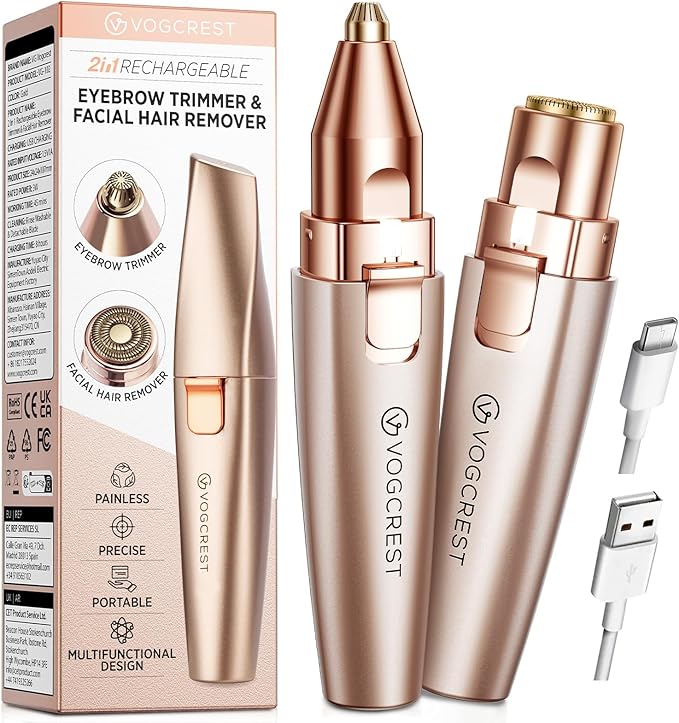 Eyebrow & Facial Trimmer: 2 in1 Rechargeable Facial Hair Removal & Eyebrow Shaver - Body Razor with Built-in LED Light (Rose Gold)-Velvo Beauty