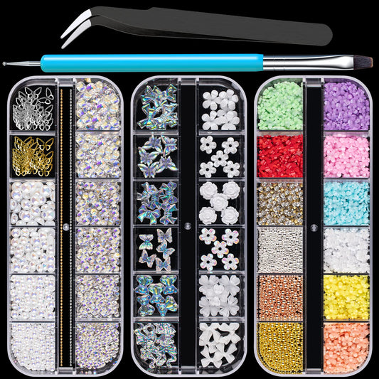 Mixed 3D Nail Art Gem Decoration Accessories Kit #1, Aurora Bear Bow Butterfly Starry AB Rhinestone Charm Jewelry for Deco, Pearl Flower Caviar Bead Stone Crystal with Dual-End Brush and Tweezer-Velvo Beauty