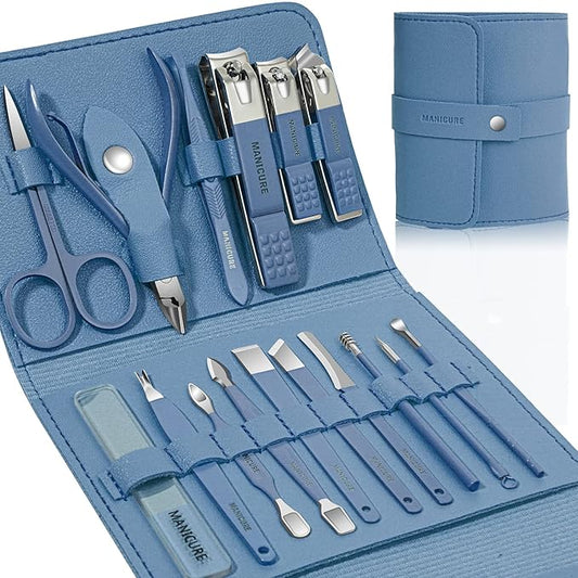 Manicure Set Professional Nail Clippers Pedicure Kit, 16 pcs Stainless Steel Nail Care Tools Grooming Kit with Luxurious Travel Leather Case for Thick Nails Men Women Gift (Blue)-Velvo Beauty