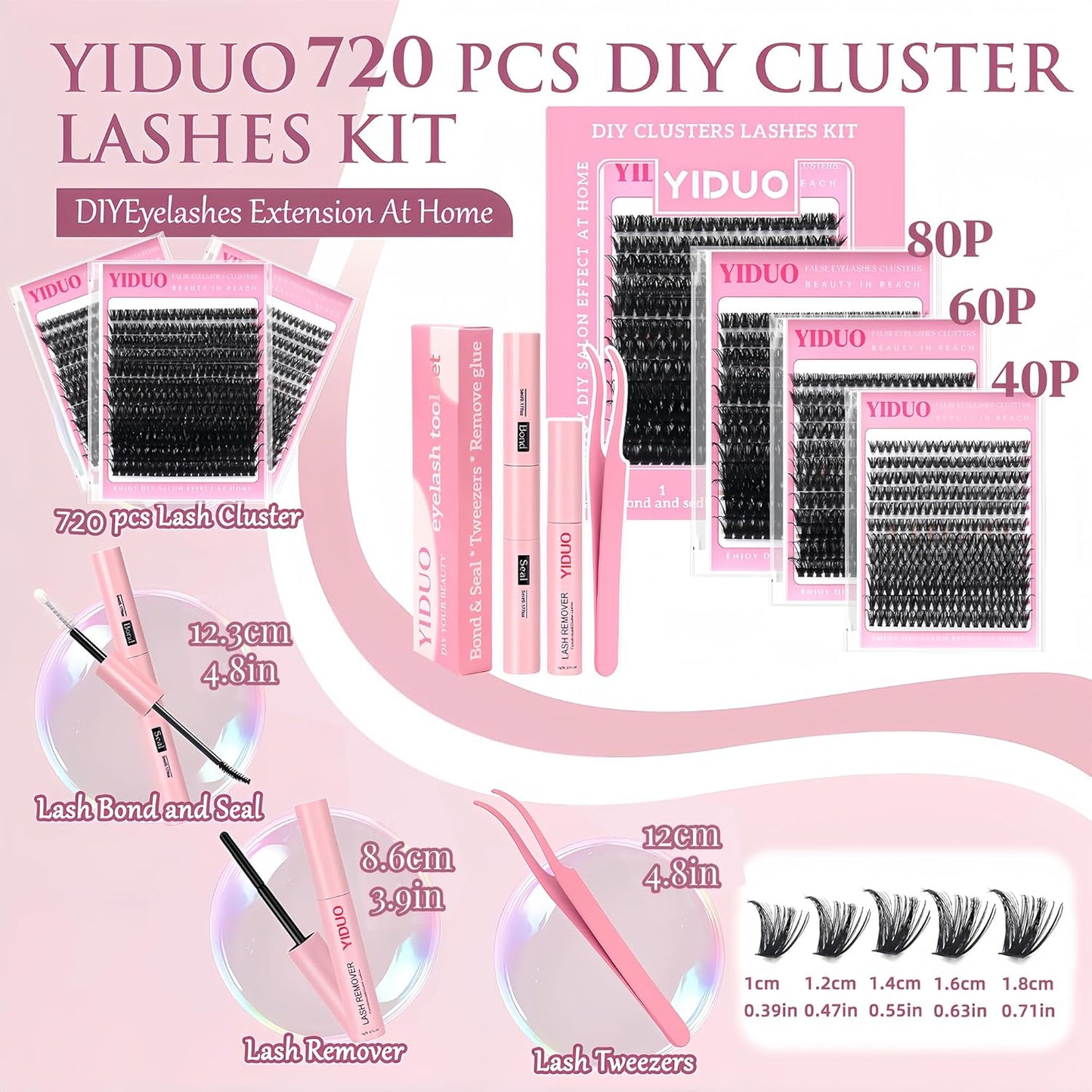 3 Styles Lashes Cluster Kit 720Pcs Eyelash Extensions Kit 40P+60P+80P Bulk Pack D Curl Volume False Eyelashes DIY Individual Wispy Fake Eye Lashes Combo Packs with Bond&Seal |Tweezers | Removers-Velvo Beauty