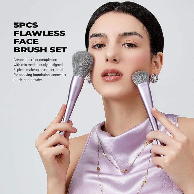 Jessup Makeup Brushes Face 5pcs, Premium Synthetic Make Up Brushes Set for Foundation Contour Blush Highlighter and Powder, Luxury Purple T514-Velvo Beauty