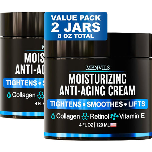 (2 Pack) Mens Face Moisturizer Cream - Anti Aging & Wrinkle for Men with Collagen, Retinol, Vitamins E, Jojoba Oil - Face Lotion - Age Facial Skin Care - Eye Wrinkle - 8 oz Total-Velvo Beauty