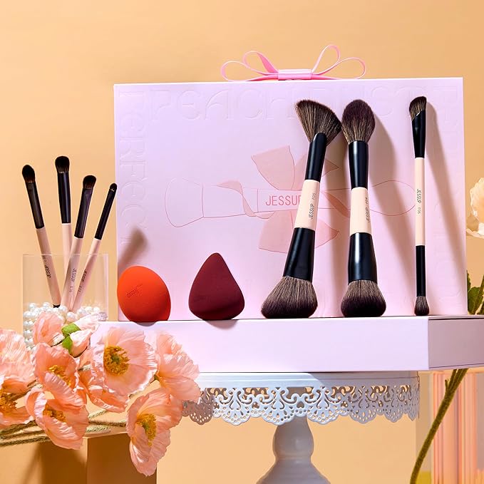 Jessup Makeup Brushes Set with Makeup Sponge, 7pcs Double Sided Makeup Brushes for Foundation Concealer Blush Eyeshadow Contour Bronzer Powder Blending Eyebrow Eyeliner with Gift Box, T506-Velvo Beauty