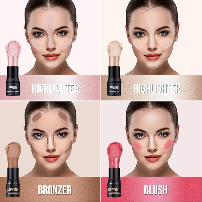 4PCS Contour Stick - Highlighter And Cream Blush Stick 4 Colors Kit - Moisturizer, Face Brightens & Shades Pencil, Facial Shaping Makeup Sticks for Older Women & Mature Skin-Velvo Beauty