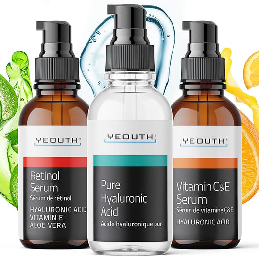 YEOUTH Skin Care Set: Retinol Serum for Face, Vitamin C and Hyaluronic Acid Serum, Face Care Kit that Targets Appearance of Uneven Uneven Skin and Dryness 3x1 oz-Velvo Beauty