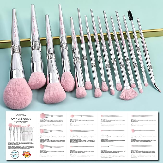 Bueart Design Elegant pink Ultra soft labeled Makeup Brushes Sets with Brush Holder makeup brush set with Foundation Powder blush blending contour Brush (15Pcs Silver Pink+Holder)-Velvo Beauty
