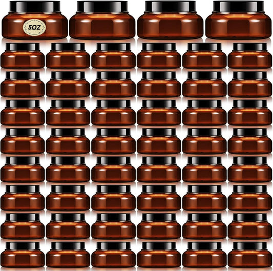 Tessco 48 Pcs Plastic Jars with Lids and Labels Body Scrub Jars Round Refillable Cosmetic Containers Empty Butter Travel Containers for Sugar Scrub Lotions Cosmetics Cream(5 oz,Brown)-Velvo Beauty