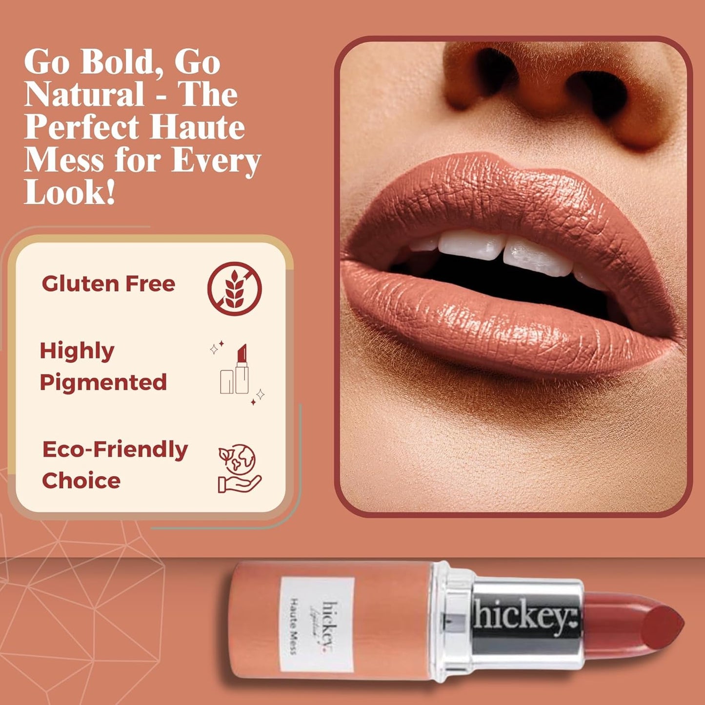 Hickey Lipstick Organic Haute Mess Terracotta Lipstick Shade Refill - Long Lasting Lipstick for Women, Hydrating & Moisturizing Shade, Lip Color for Women, Gluten-Free & Vegan with Highly Pigmented-Velvo Beauty