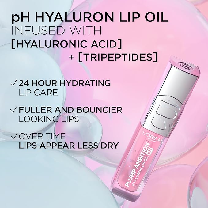 L'Oreal Paris Plump Ambition pH Hyaluron Lip Oil, Color Shifting Lip Tint with 24HR Hydration, Volumizing Shine and Lasting Color, 010 pH Cristal Ice-Velvo Beauty